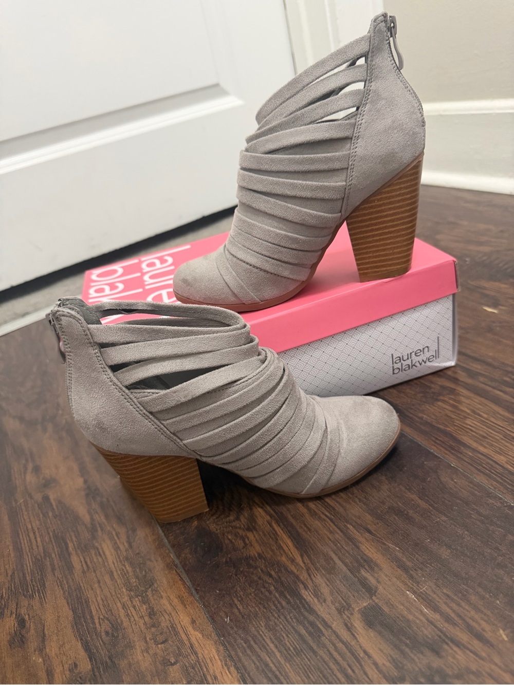 Journee Collection Gray Suede Strappy Block Heel Booties